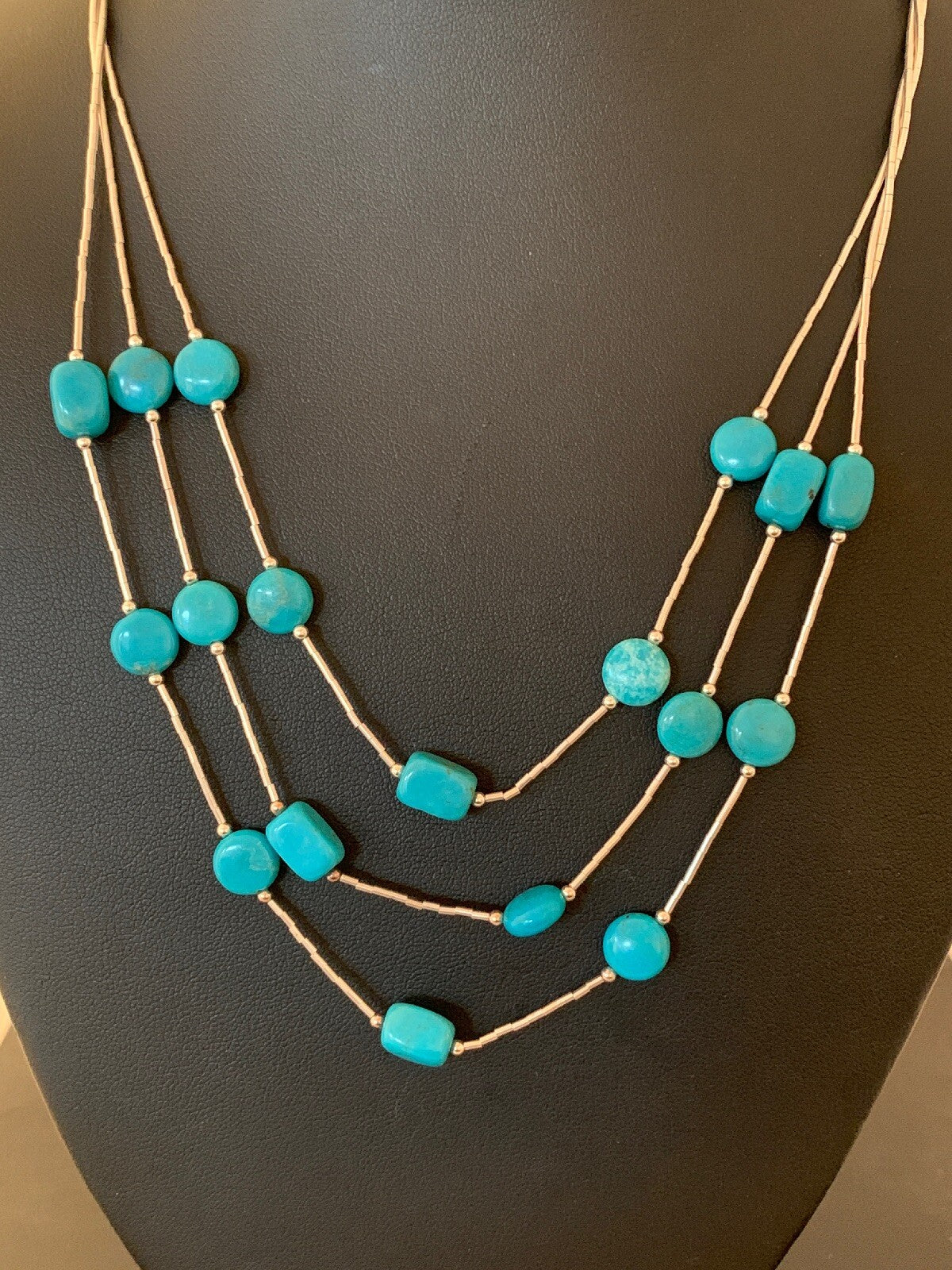 Liquid Silver Heishi 3S Sterling Silver Tube Necklace Nugget Turquoise 03695