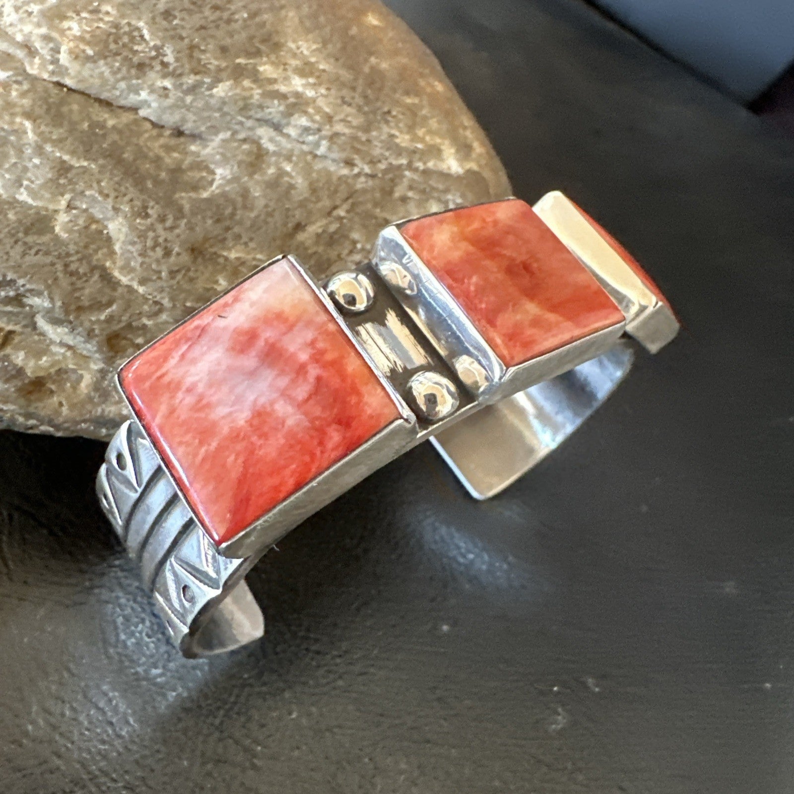 Red Spiny 3 Stone Sterling Silver Navajo Cuff Bracelet 7.7" 19487
