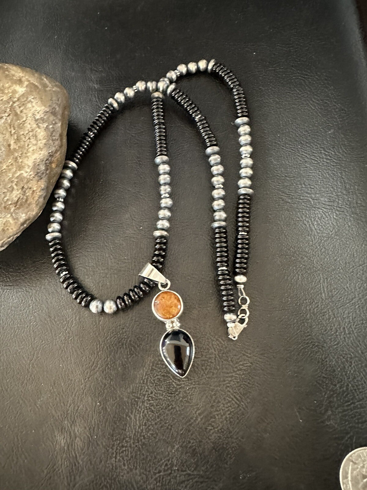 Mens Womens Black Onyx Amber Pendant Navajo Sterling Silver Necklace 18335