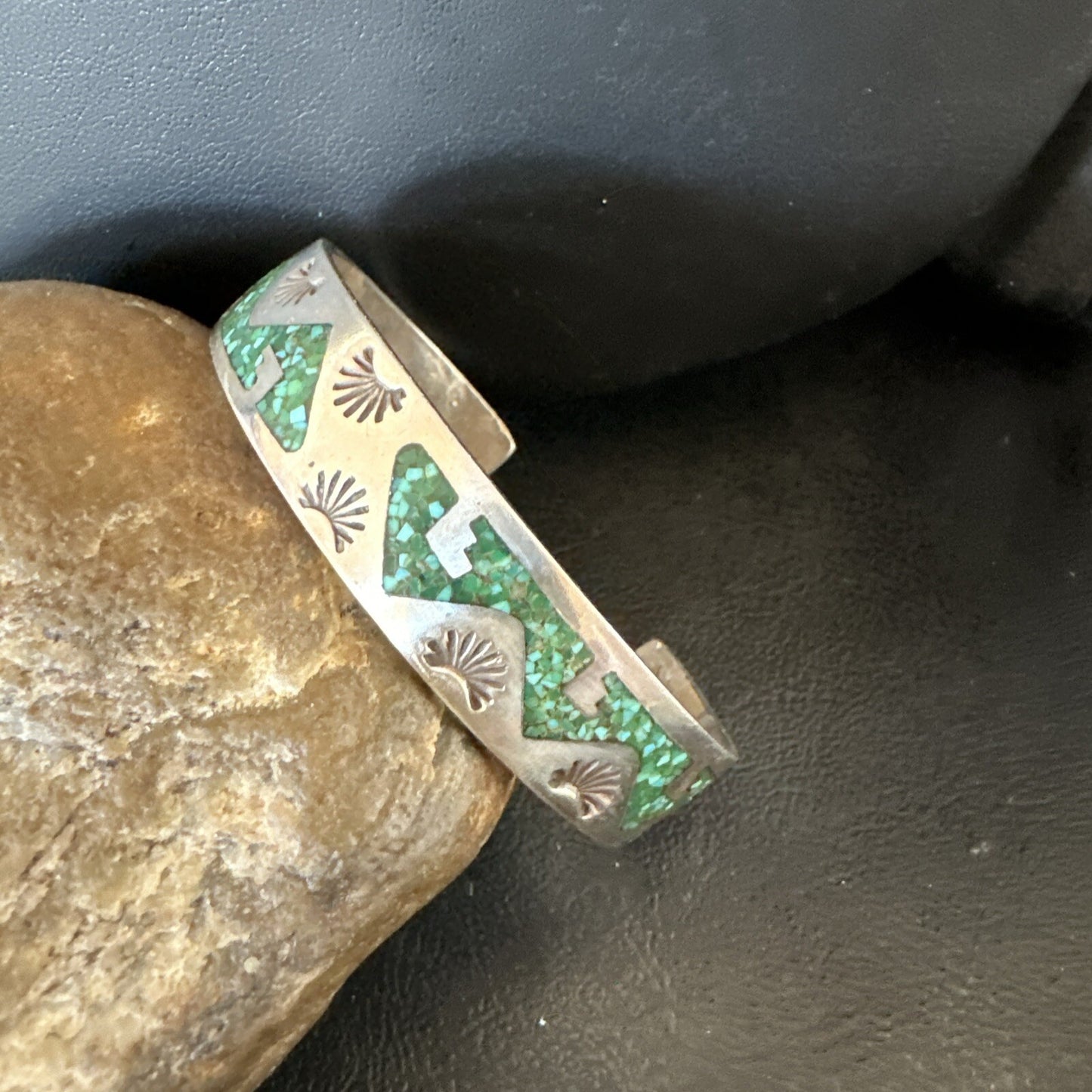 Navajo Old Pawn Sterling Handmade Blue Turquoise Chip Inlay Bracelet 18122