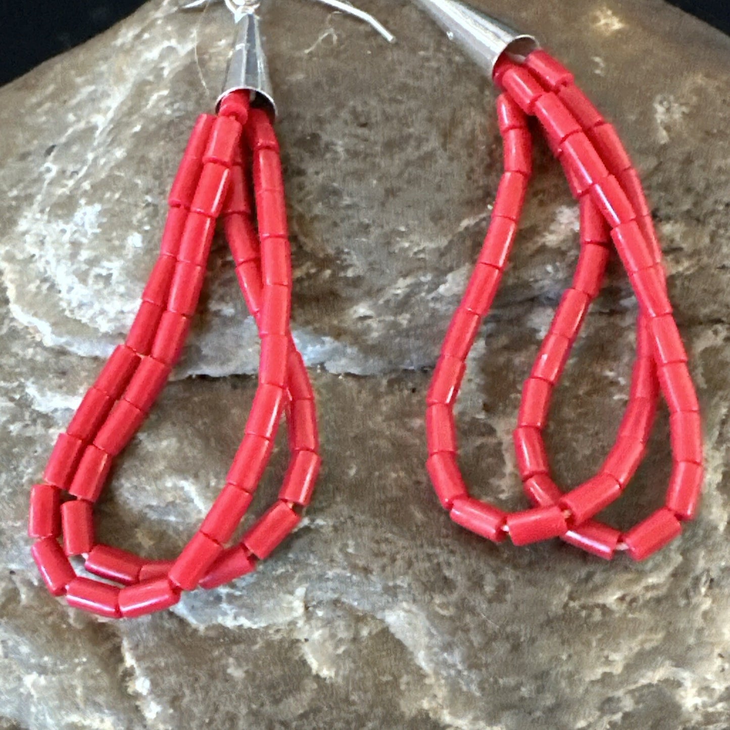 Native Red Coral Heishi Tube Liquid Sterling Silver Dangle Earrings 2" 4394