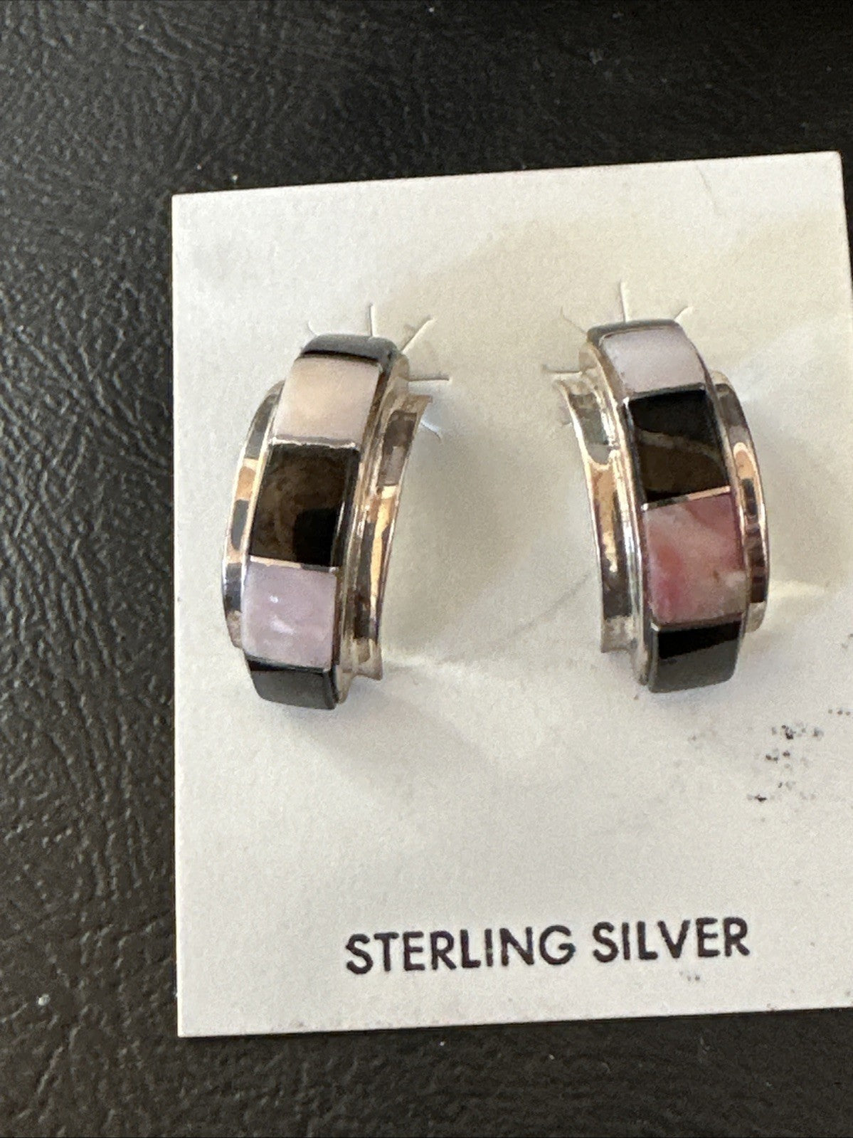 Pink Queen Conch Black Onyx Sterling Silver Post  Inlay Hoop Earrings 19819