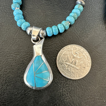 Pottery Blue Kingman Turquoise Pendant Navajo Sterling Silver Necklace 21" 18378