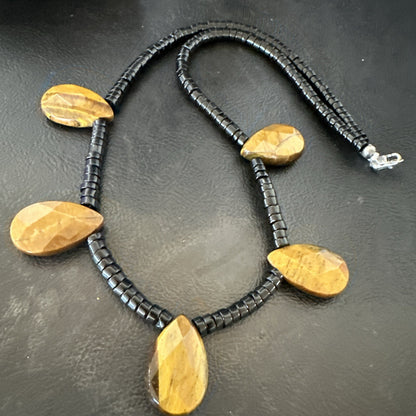 Coffee Brown Tigers Eye Black Onyx Sterling Silver Pendant Necklace 20" 18356