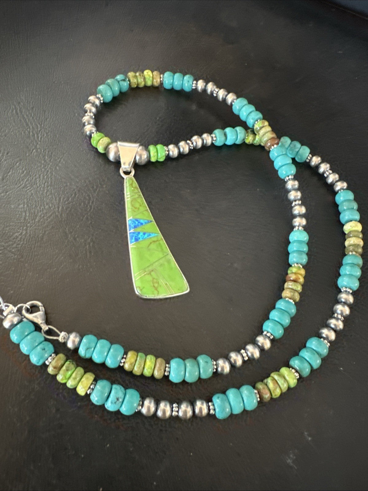 Blue Green Turquoise  Gaspeite Pendant Navajo Sterling Silver Necklace 19665