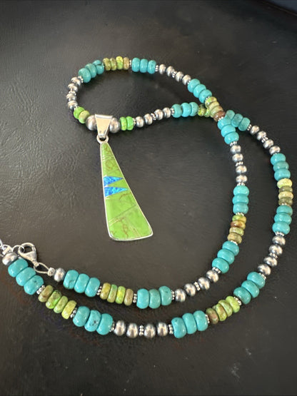 Blue Green Turquoise  Gaspeite Pendant Navajo Sterling Silver Necklace 19665