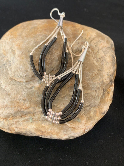 Handmade Native  Sterling Silver Heishi Black Onyx Dangle Earrings 2" 10054