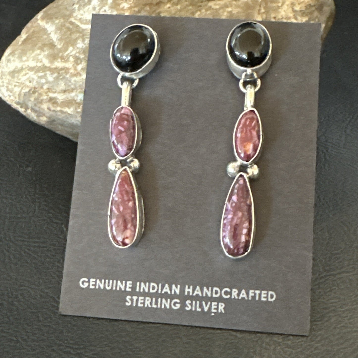 Purple Spiny Oyster Onyx Navajo Sterling Silver Dangle Earrings 2" 18570