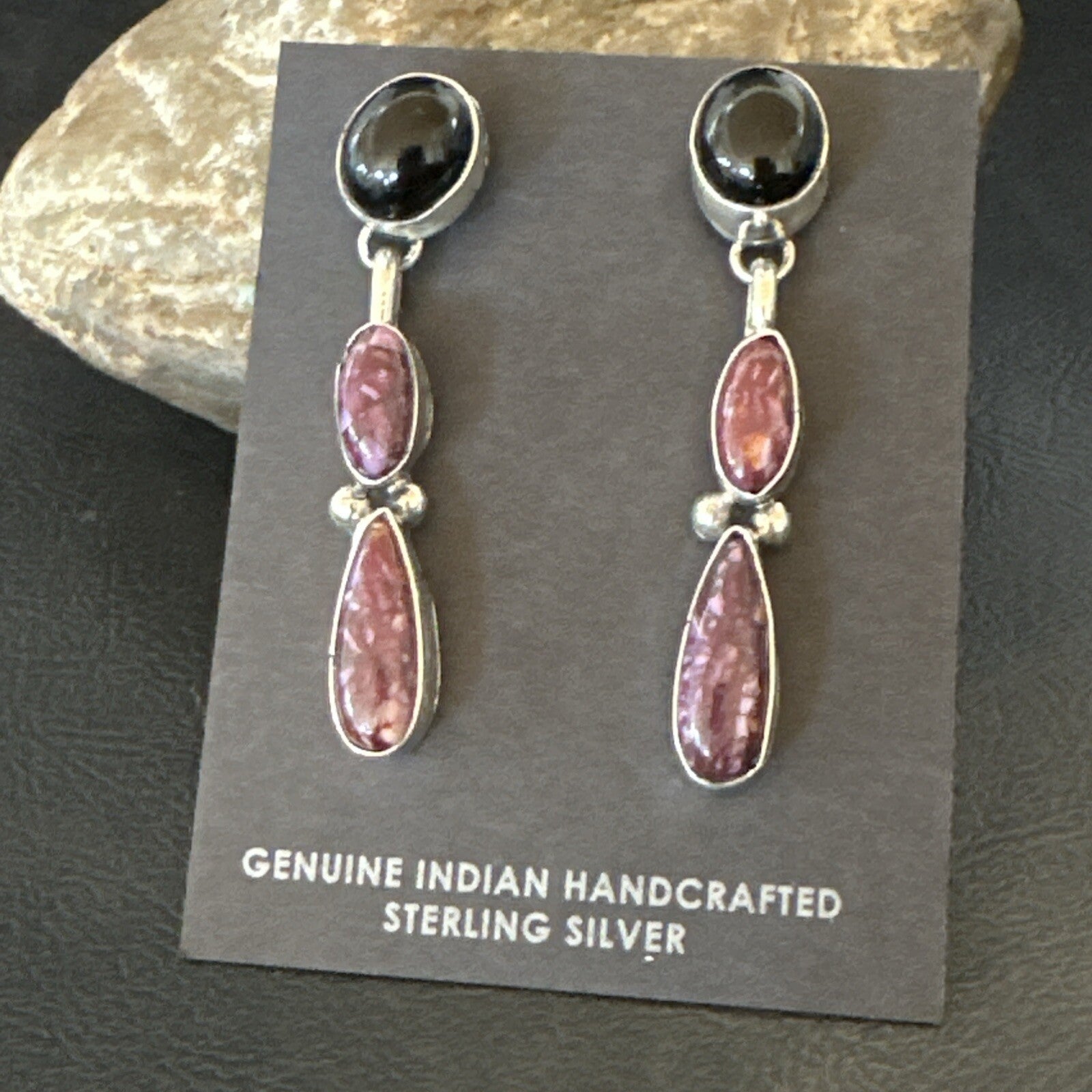 Purple Spiny Oyster Onyx Navajo Sterling Silver Dangle Earrings 2" 18570
