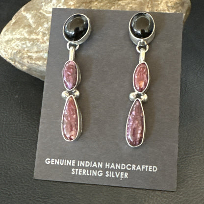 Purple Spiny Oyster Onyx Navajo Sterling Silver Dangle Earrings 2" 18570