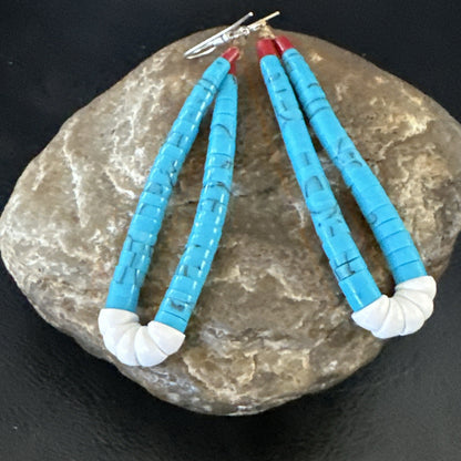 Blue Turquoise White Santo Domingo Sterling Silver Dangle Earrings 2.75” 18164