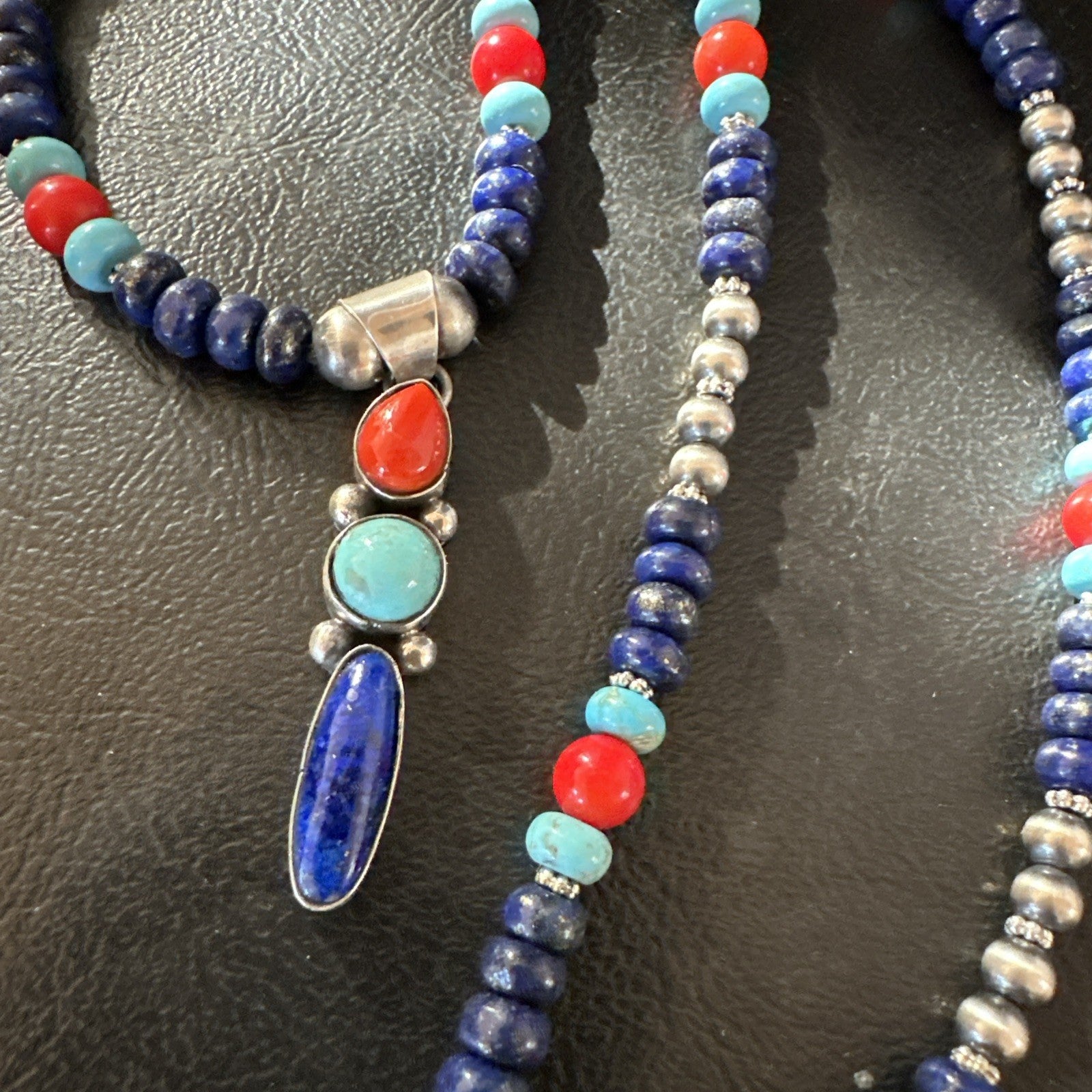 Multicolor Turquoise Spiny Navajo Sterling Silver Cluster Pendant Necklace 19647