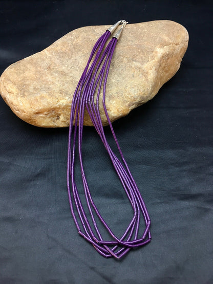 Purple Tube Heishi Stabilized 5 Strand Navajo Sterling Silver Necklace 02505