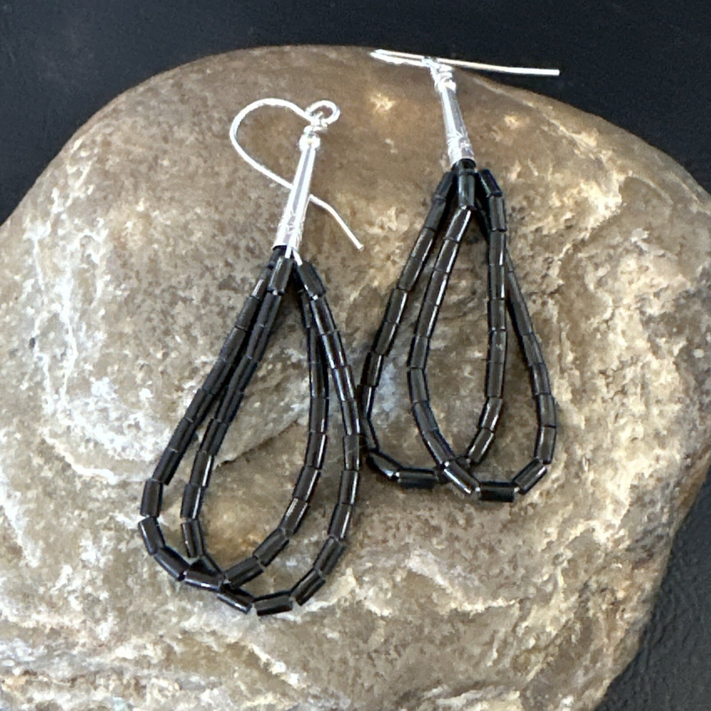 Black Onyx Heishi 2S Bead Southwestern Sterling Silver Earrings 2" 18177