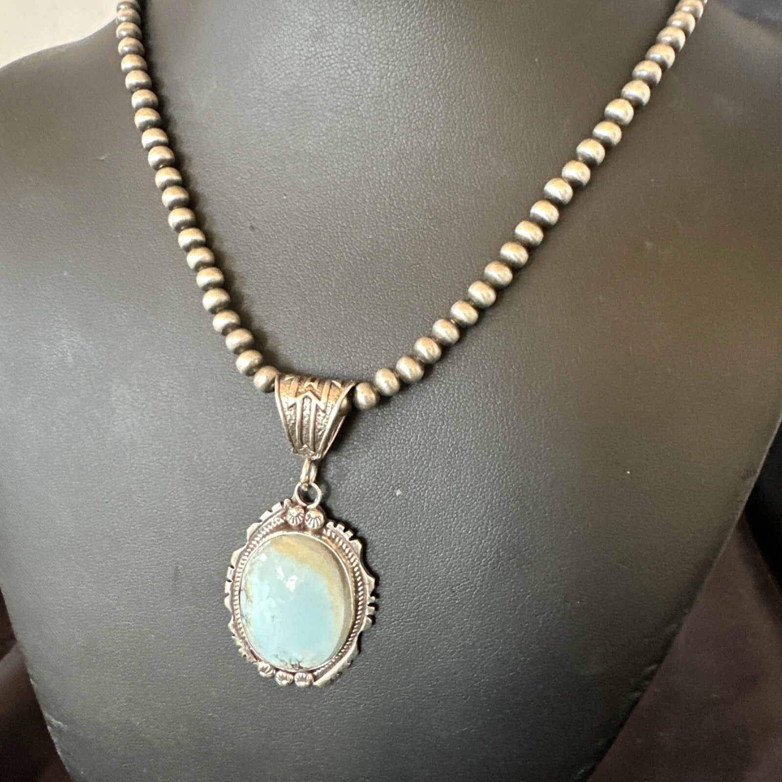 Mens Blue Dry Creek Turquoise Pendant Navajo Pearls Sterling Necklace 18681