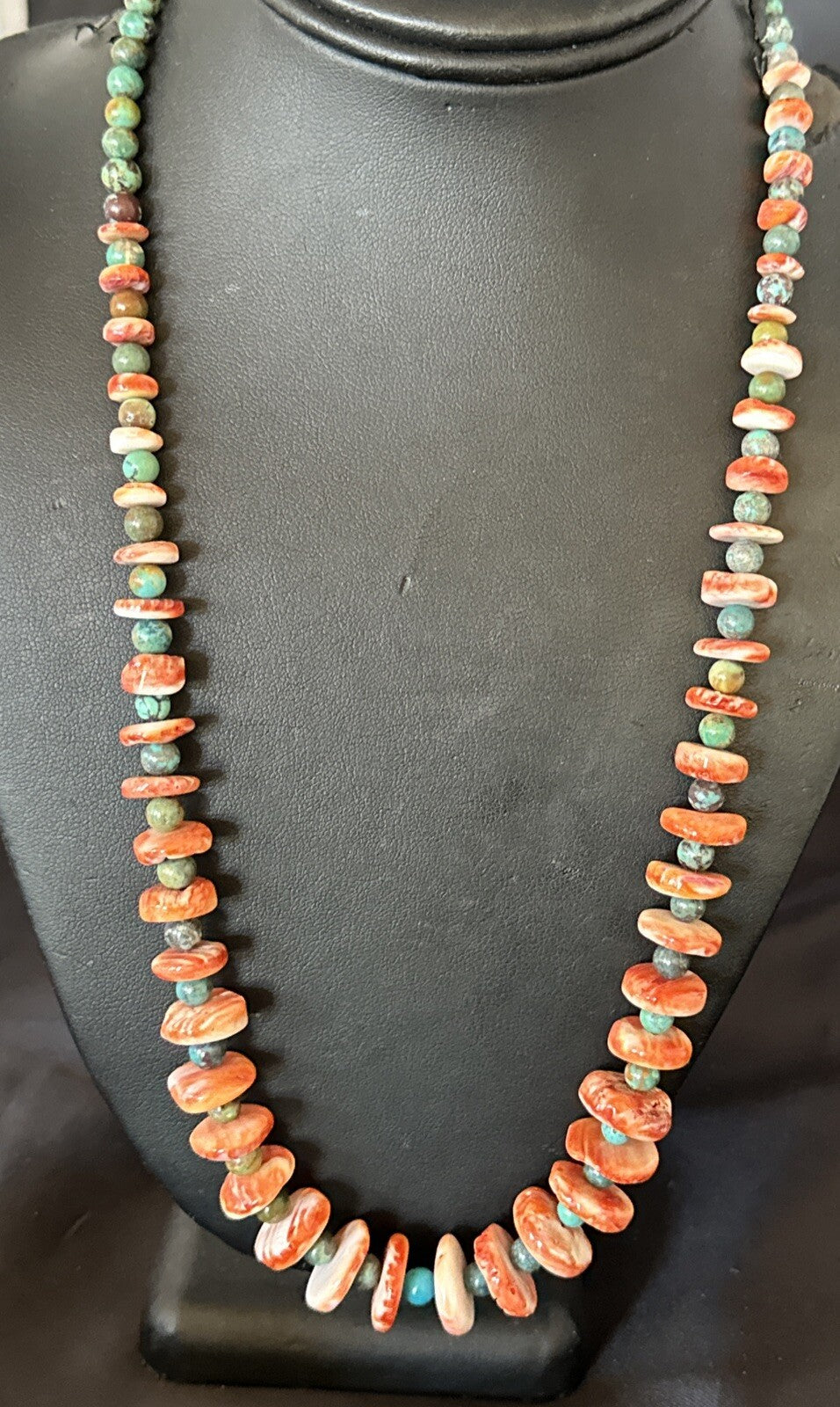 Red Spiny Oyster Green Turquoise 23” Long Navajo Sterling Silver Necklace 17762