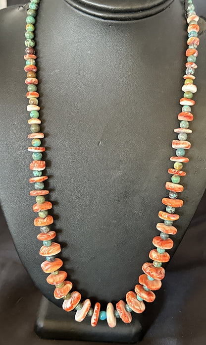 Red Spiny Oyster Green Turquoise 23” Long Navajo Sterling Silver Necklace 17762