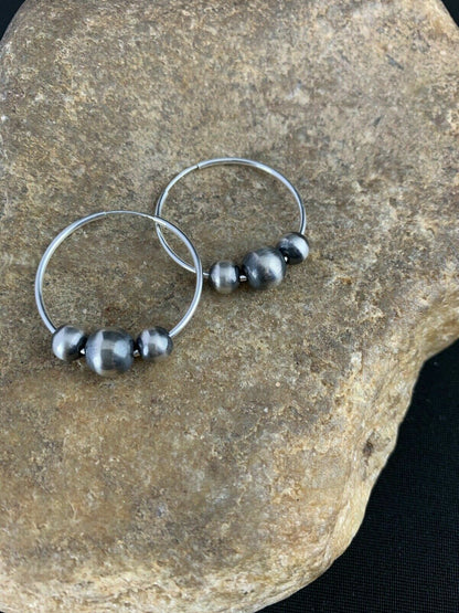 Native American Indian Sterling Silver Beads Hoop Earrings 03755