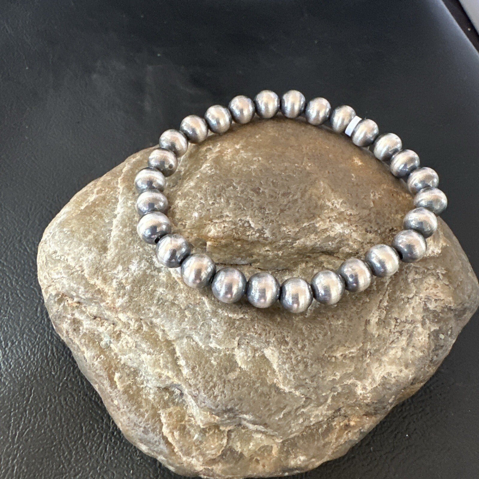 Native American 7mm Beads 7” Sterling Silver Stretch Beads Bracelet 90702