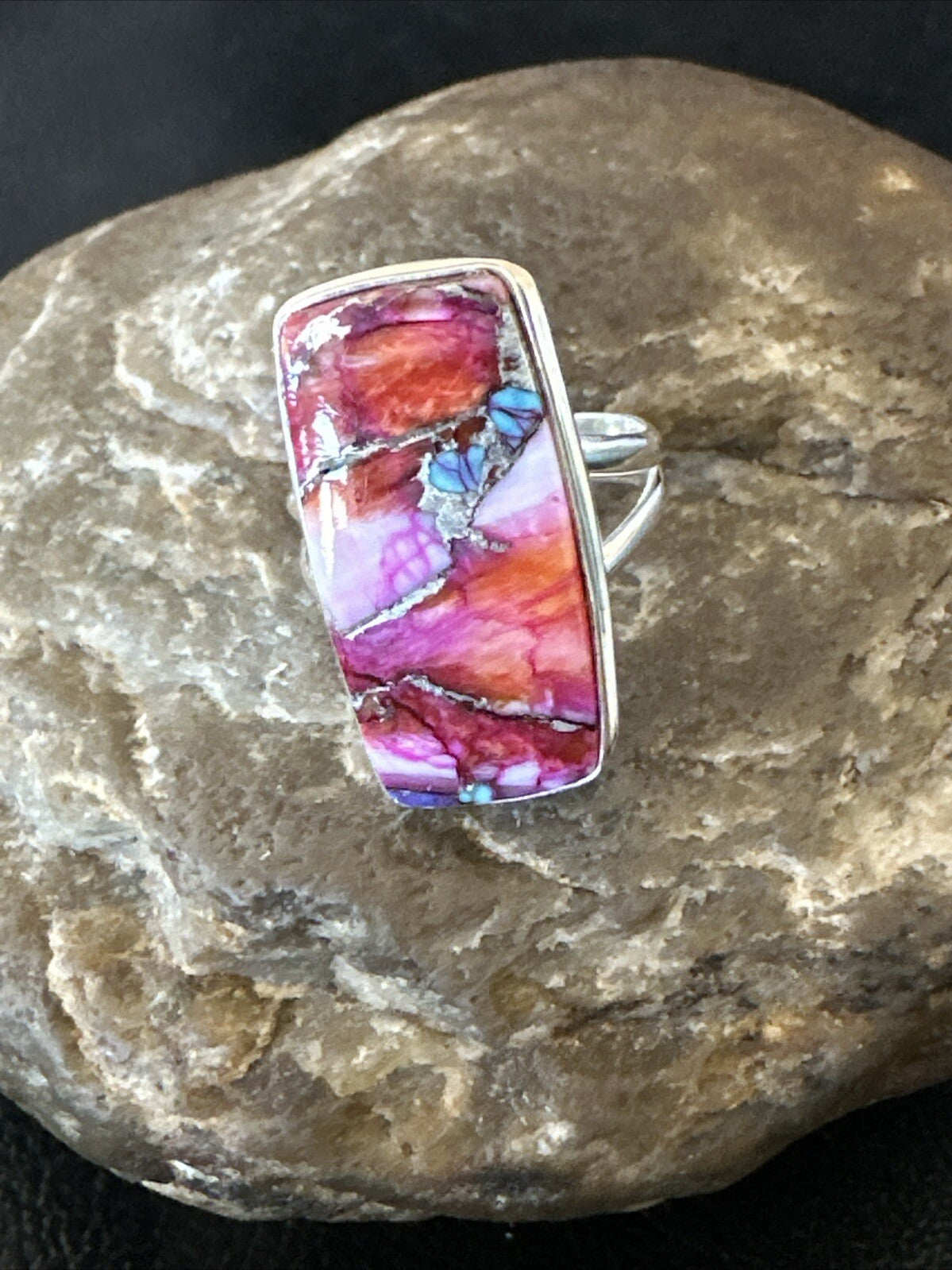 Blue Turquoise Spiny Oyster Southwestern Sterling Silver Ring Size 8 18486