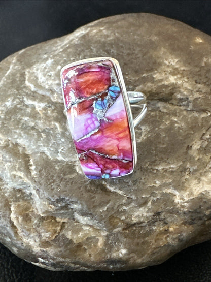 Blue Turquoise Spiny Oyster Southwestern Sterling Silver Ring Size 8 18486