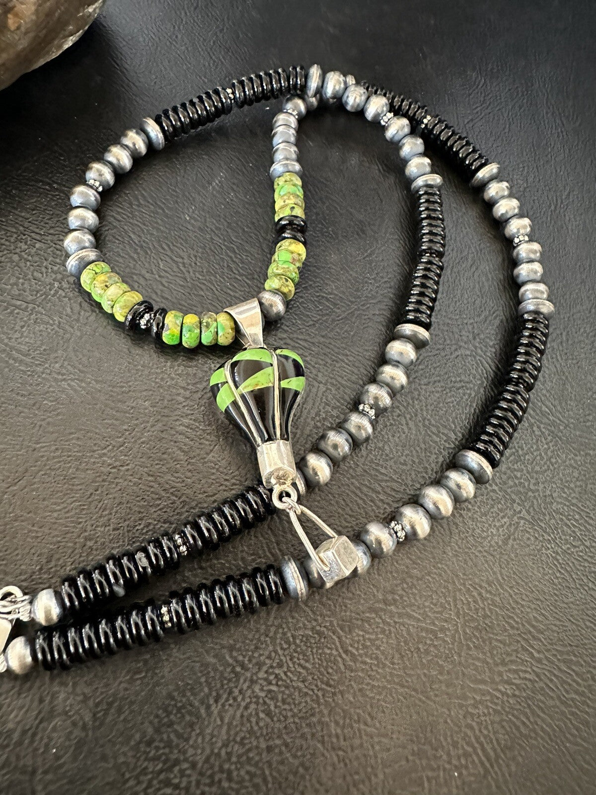 Balloon Green Turquoise Pendant Navajo Sterling Silver Necklace 22" 18342