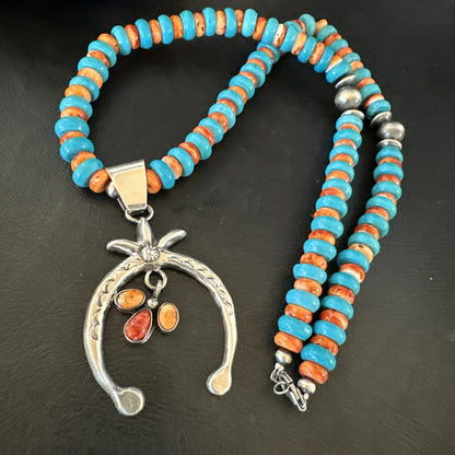 Mens Blue Turquoise Spiny Naja Pendant Navajo Sterling Silver Necklace 23" 17691