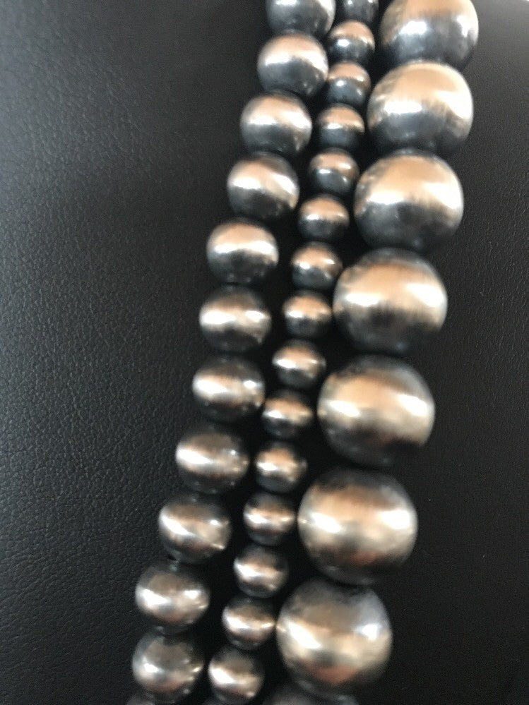 Native American Navajo Pearls Sterling Silver Bead Necklace 60” Long 3 Strands