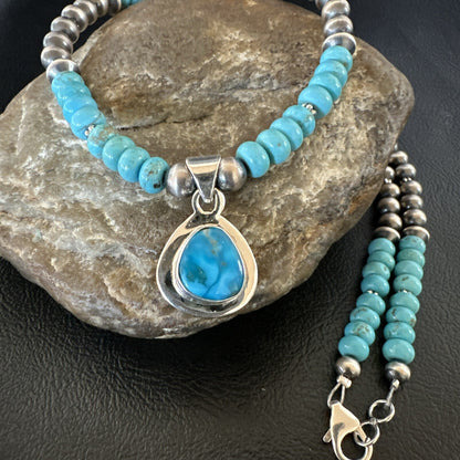 WoMens Blue Kingman Turquoise Pendant Navajo Sterling Silver Necklace 21" 17978