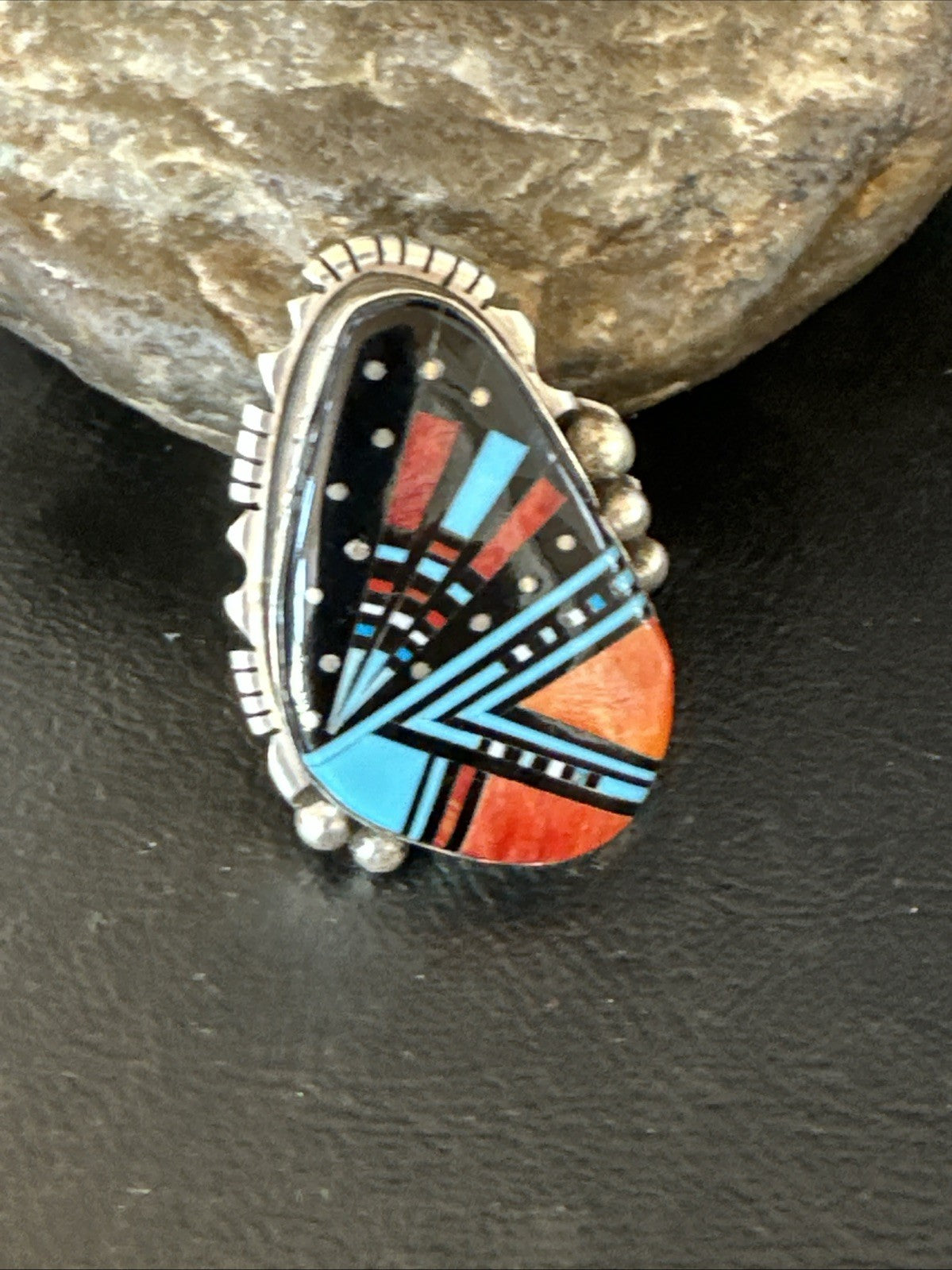 Cosmic Inlay Onyx Turquoise Spiny Navajo Sterling Silver Ring Size 9 19789
