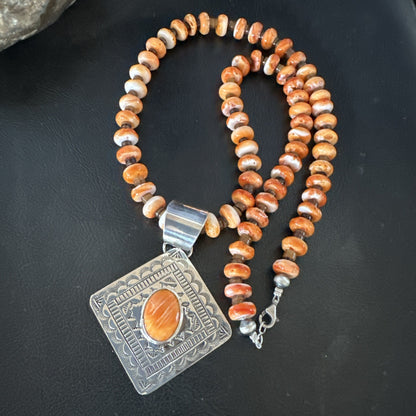 H Joe Orange Spiny Oyster Pendant Navajo Sterling Silver Necklace 19481