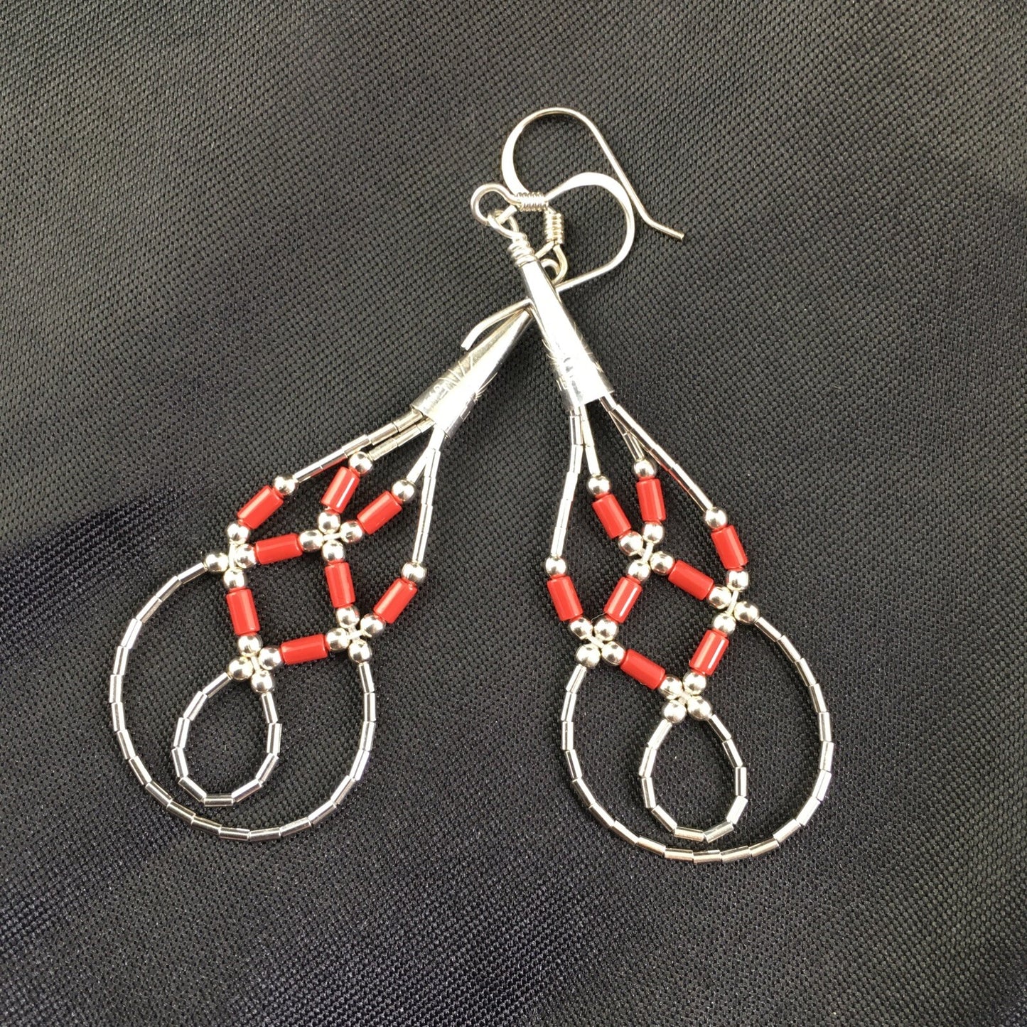 Native Red Coral Tube Heishi Dangle Liquid Sterling Silver Earrings 2" 03104