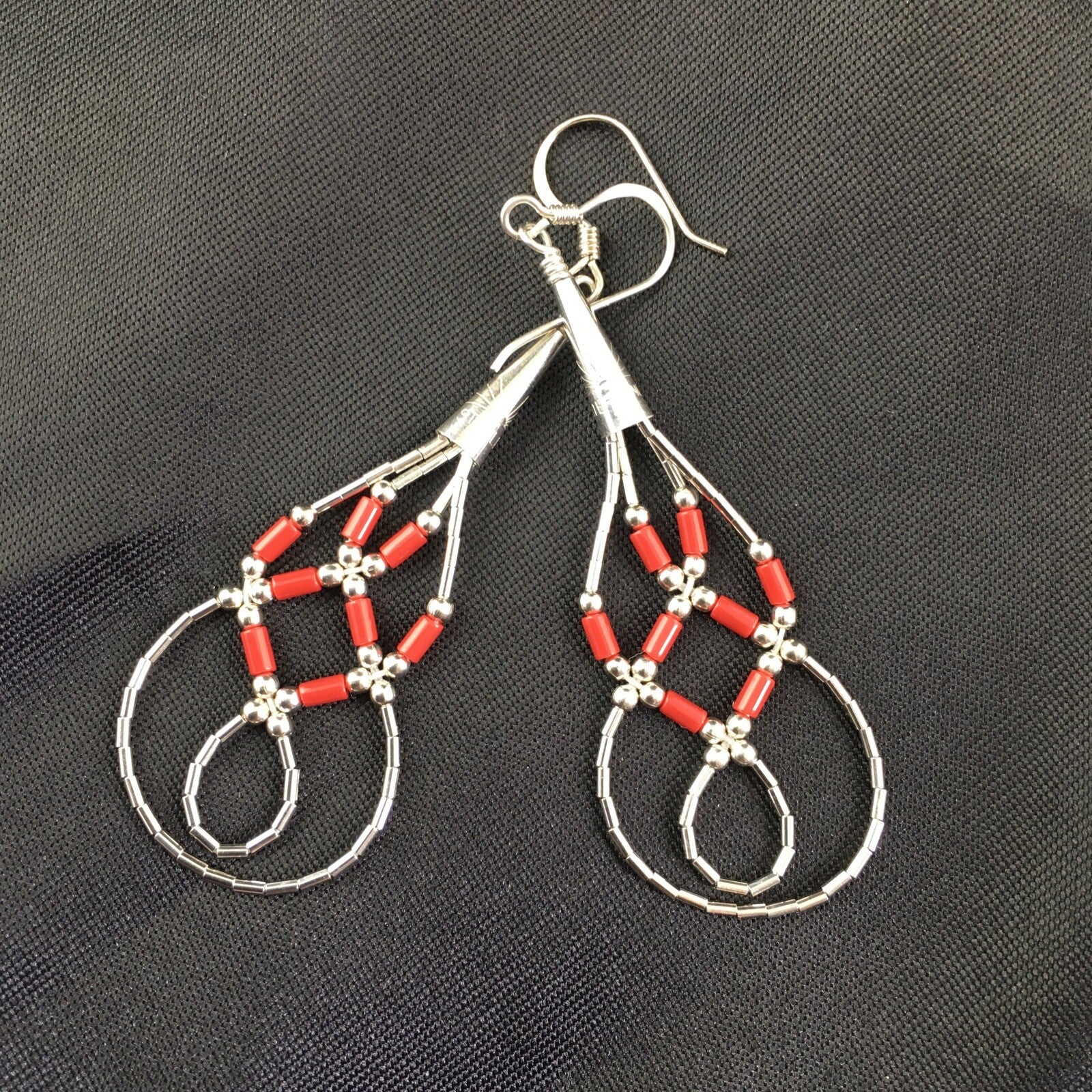 Native Red Coral Tube Heishi Dangle Liquid Sterling Silver Earrings 2" 03104