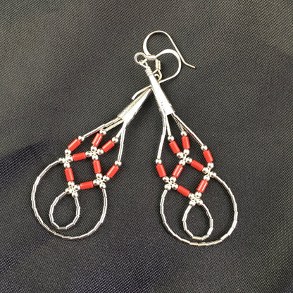 Native Red Coral Tube Heishi Dangle Liquid Sterling Silver Earrings 2" 03104