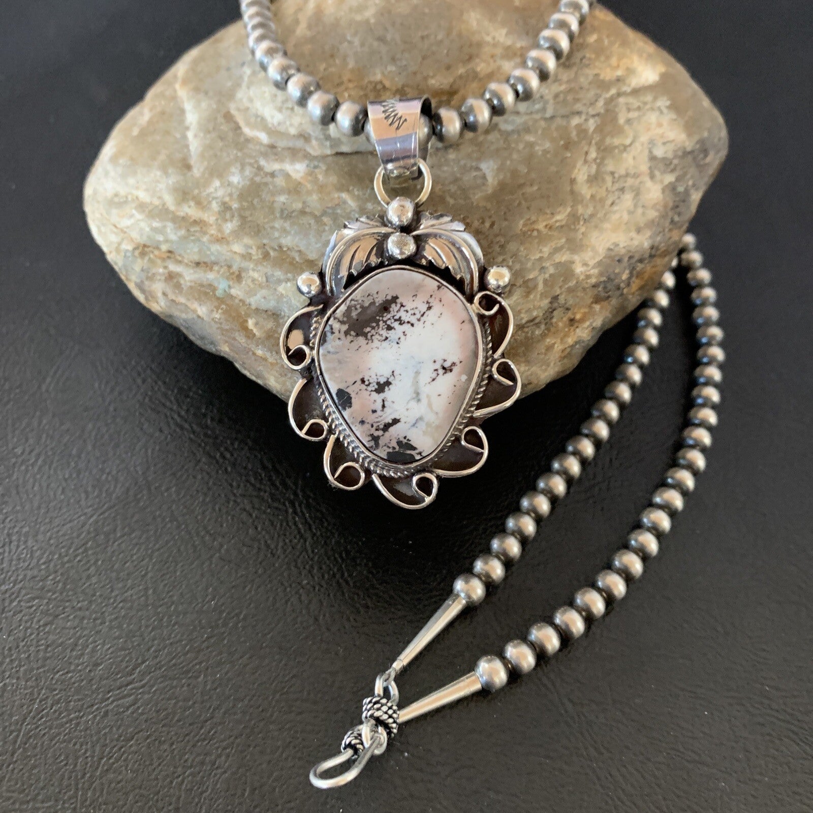 White Buffalo Turquoise Pendant  Sterling Silver Beads Necklace 11129