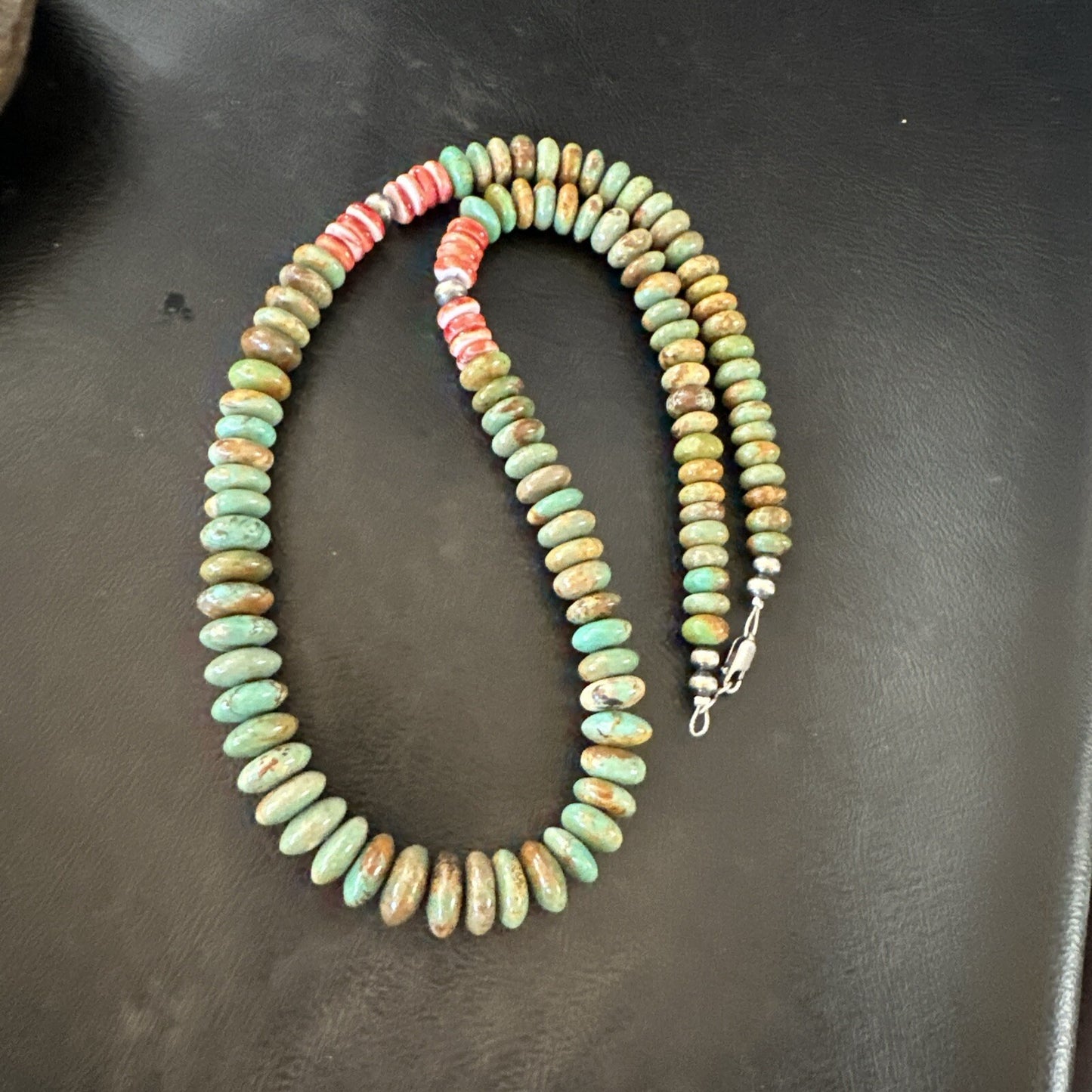 Green Turquoise Red Spiny Oyster Navajo Sterling Silver Necklace 22" 18361