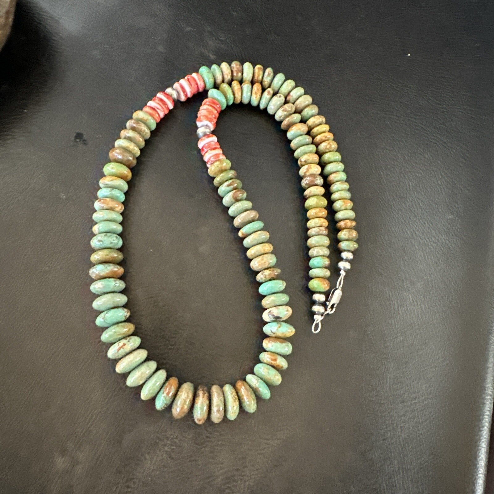 Green Turquoise Red Spiny Oyster Navajo Sterling Silver Necklace 22" 18361