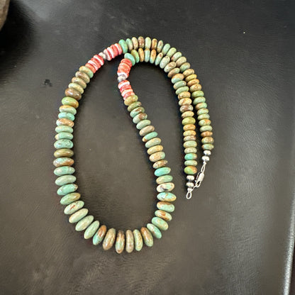 Green Turquoise Red Spiny Oyster Navajo Sterling Silver Necklace 22" 18361