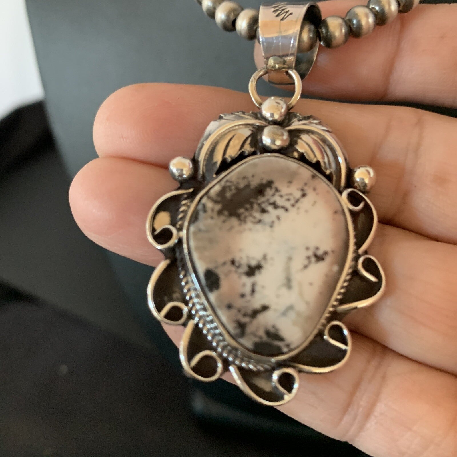 White Buffalo Turquoise Pendant  Sterling Silver Beads Necklace 11129