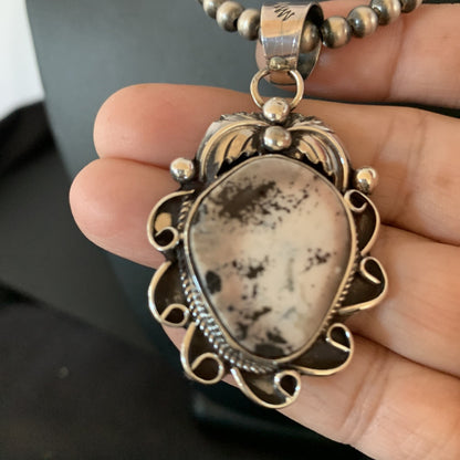 White Buffalo Turquoise Pendant  Sterling Silver Beads Necklace 11129