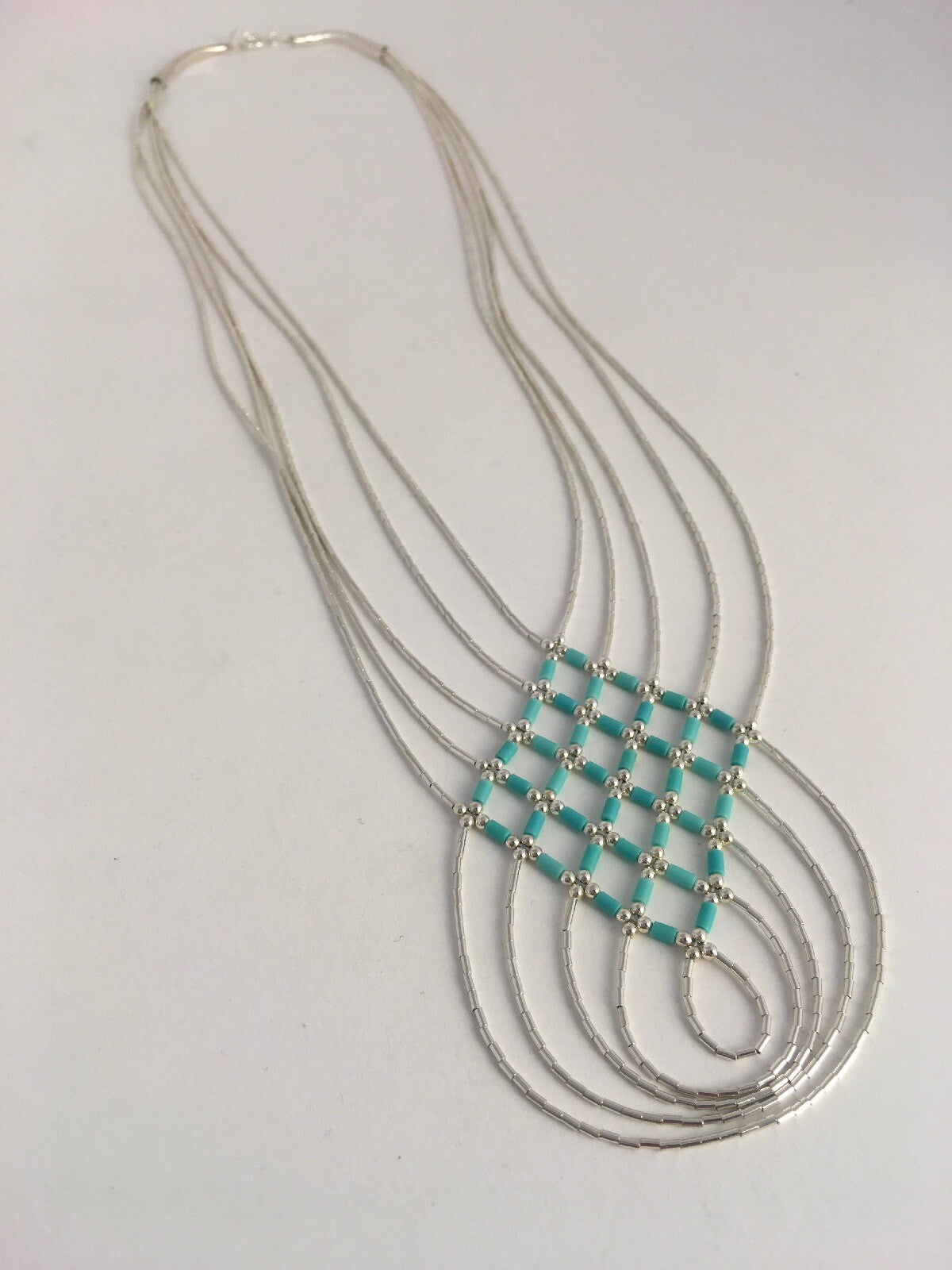 Turquoise Heishi Tubes Pendant 5 Strands Liquid Sterling Silver Necklace 0888