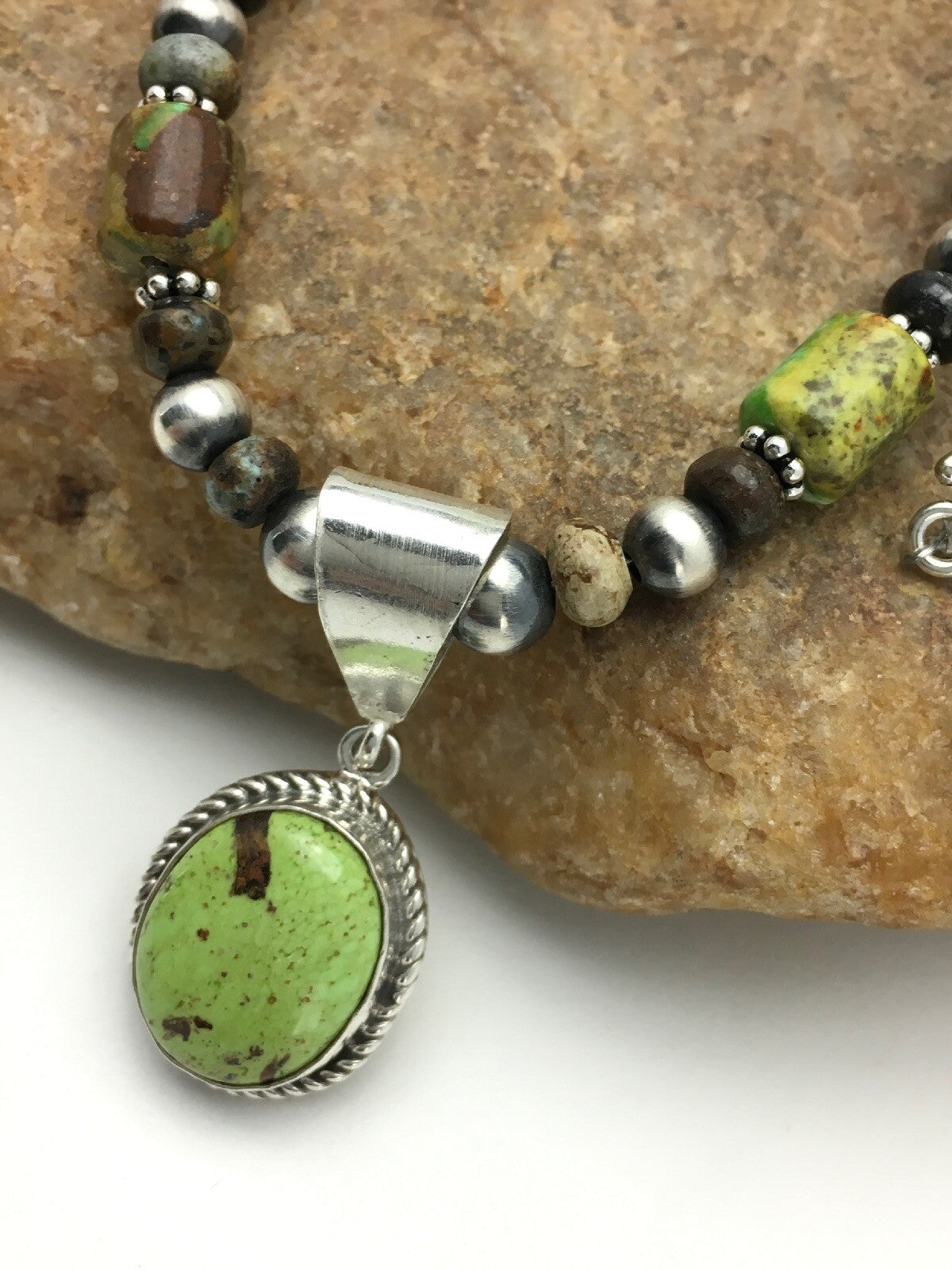 Green Gaspeite Pendant Turquoise Navajo Sterling Silver Necklace 22" 2818