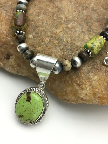 Green Gaspeite Pendant Turquoise Navajo Sterling Silver Necklace 22" 2818