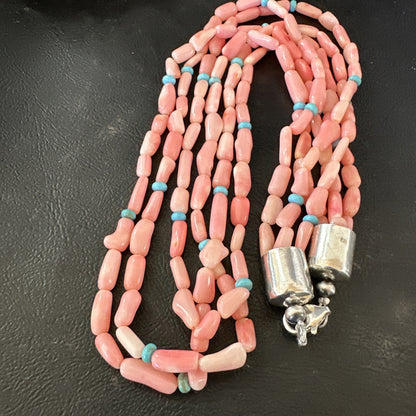 Native American Turquoise Pink Coral Sterling Silver 3 Strand Necklace 21" 17815