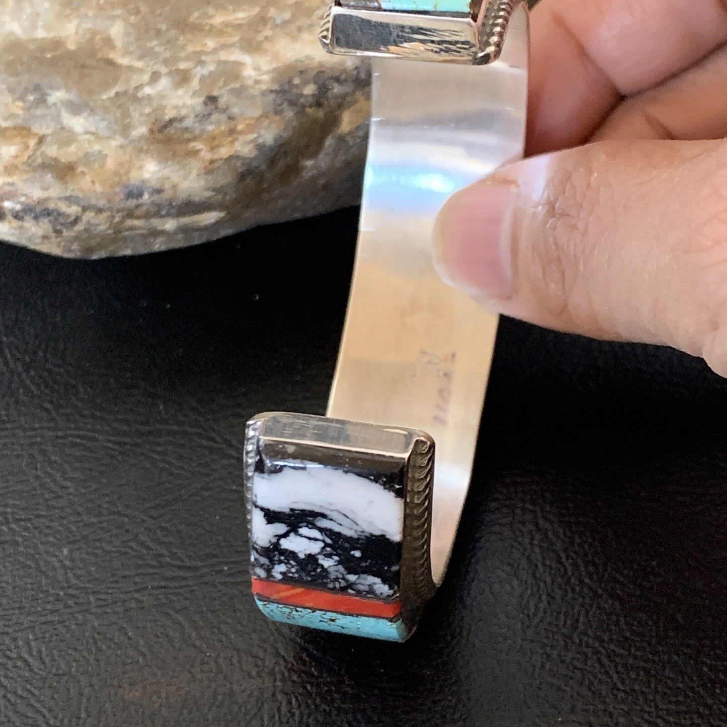 Mens White Turquoise Spiny & Lapis Navajo Sterling Silver Inlay Bracelet 12237