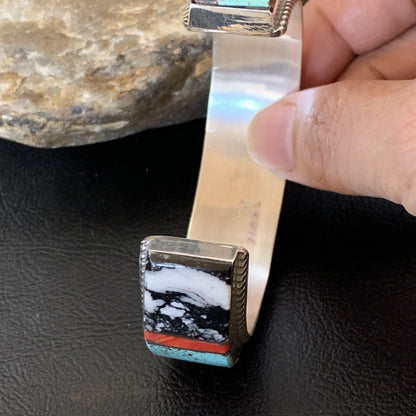 Mens White Turquoise Spiny & Lapis Navajo Sterling Silver Inlay Bracelet 12237