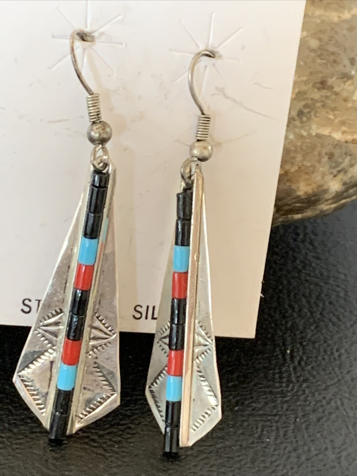 Turquoise & Coral Inlay Navajo Sterling Silver Earrings 1.5" 01710