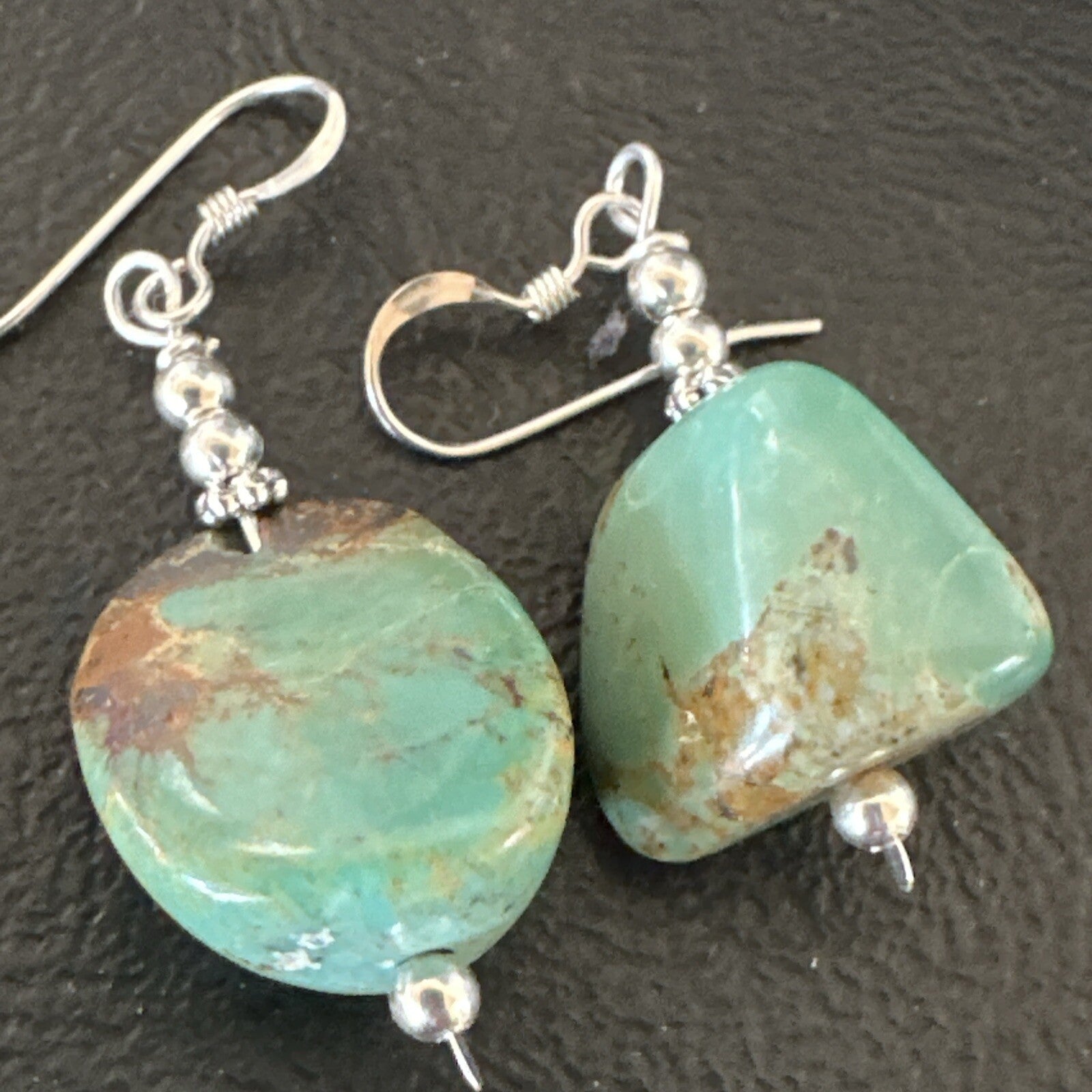Green Turquoise Nugget Sterling Silver Beads Navajo Earrings 1" 17868