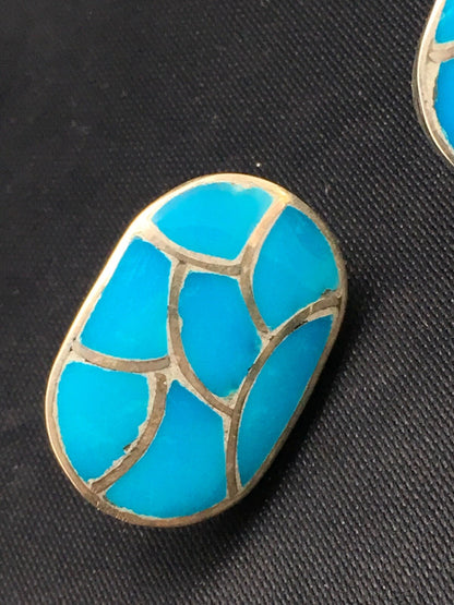Blue Turquoise Zuni Sterling Silver Inlay Earrings 1.25" 1072