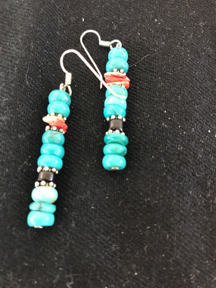 Blue Turquoise Red Spiny Oyster Sterling Silver Navajo Earrings